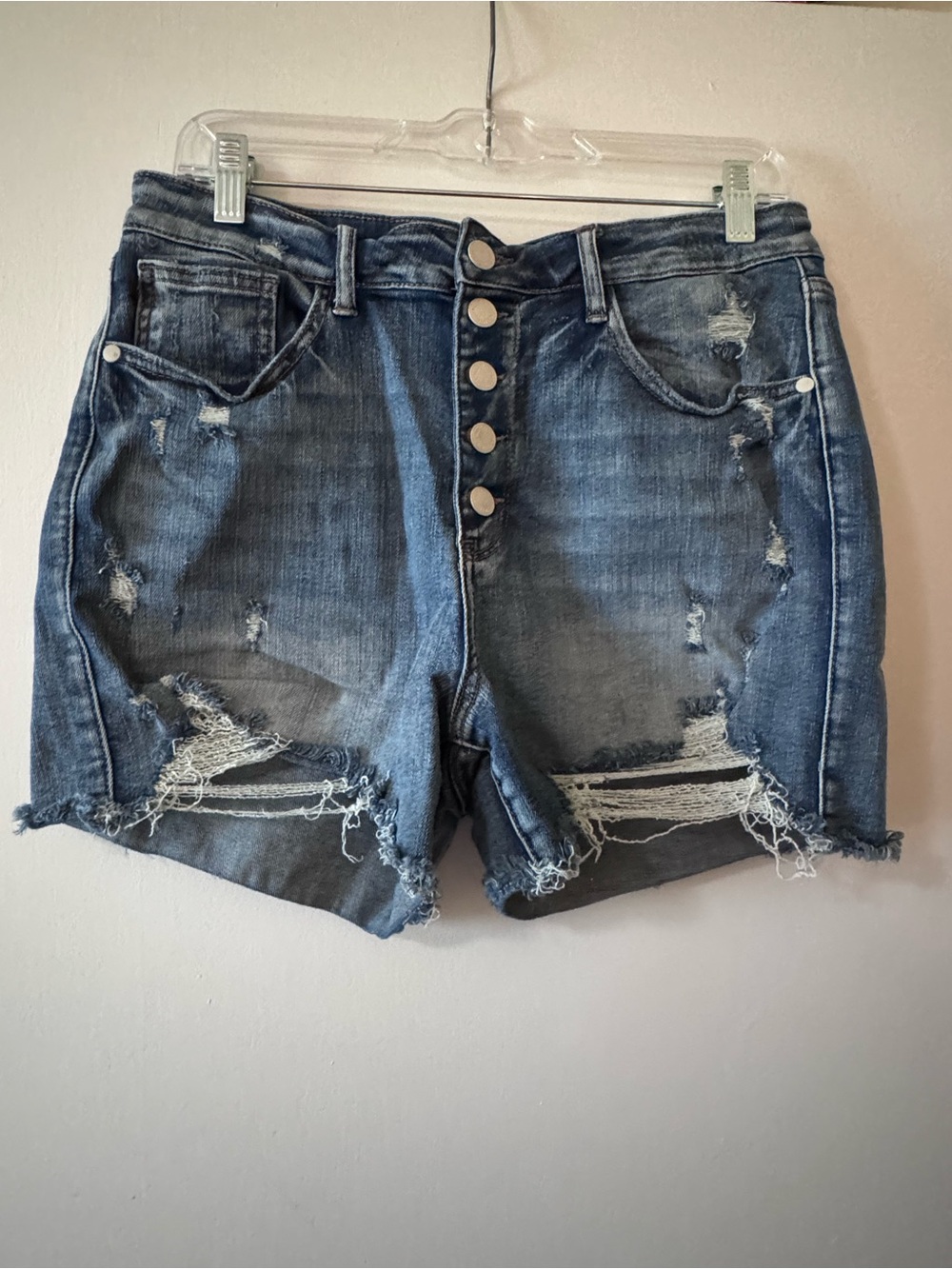 Judy Blue Distressed High-Rise Button-Fly Denim Shorts - Blue